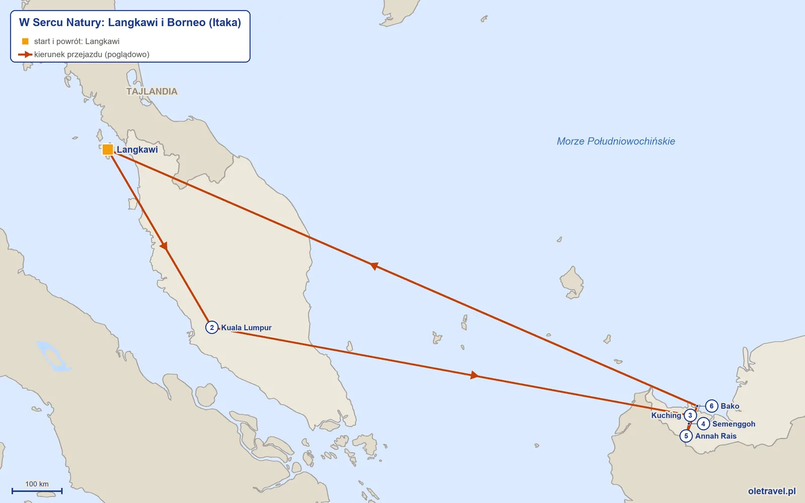 Mapa trasy wycieczki „W Sercu Natury: Langkawi i Borneo” z Itaką: Langkawi – Kuala Lumpur – Kuching – Semenggoh – Annah Rais – Bako – Langkawi