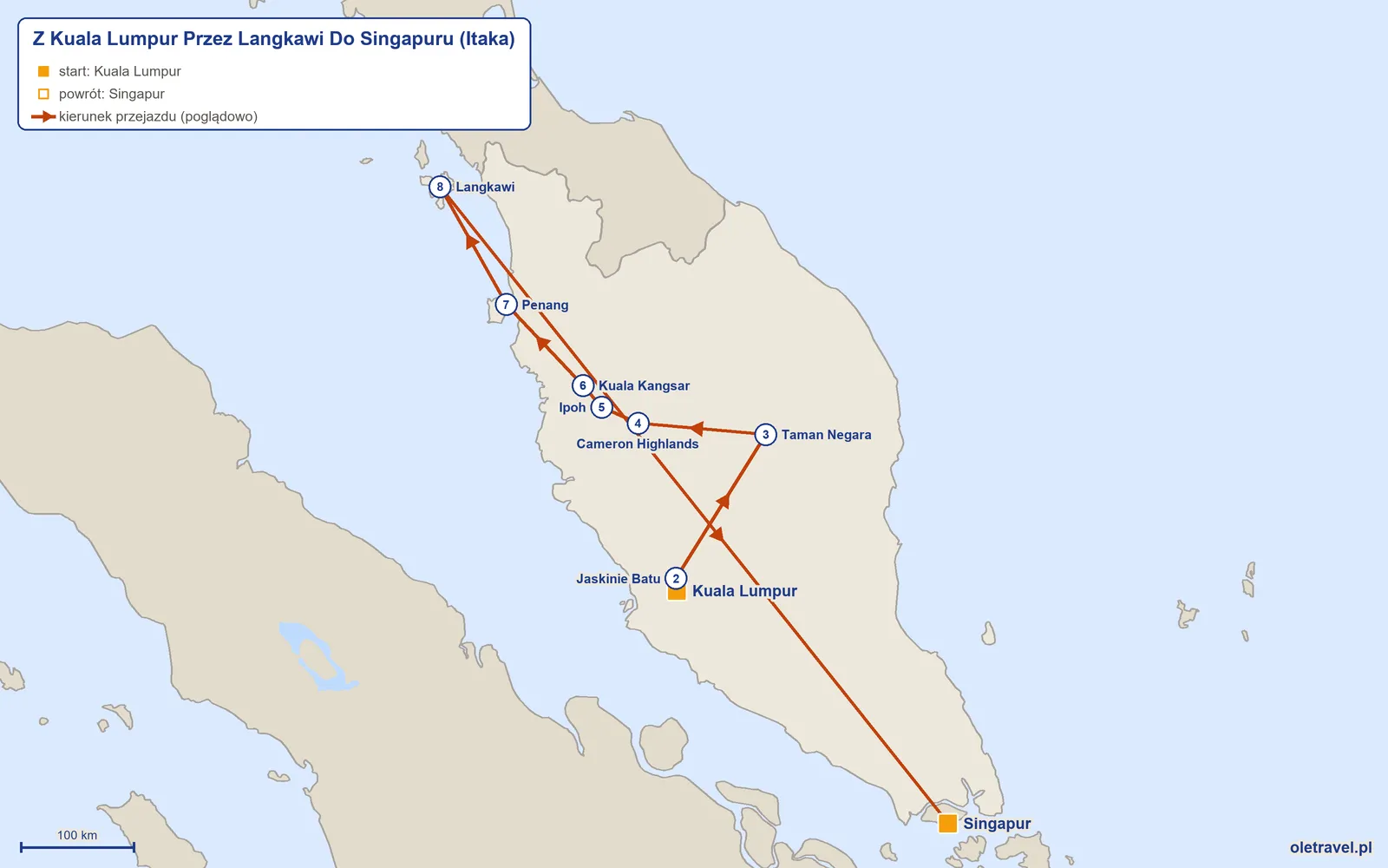 Mapa trasy wycieczki „Z Kuala Lumpur Przez Langkawi Do Singapuru” z Itaką: Kuala Lumpur – Jaskinie Batu – Taman Negara – Cameron Highlands – Ipoh – Kuala Kangsar – Penang – Langkawi – Singapur