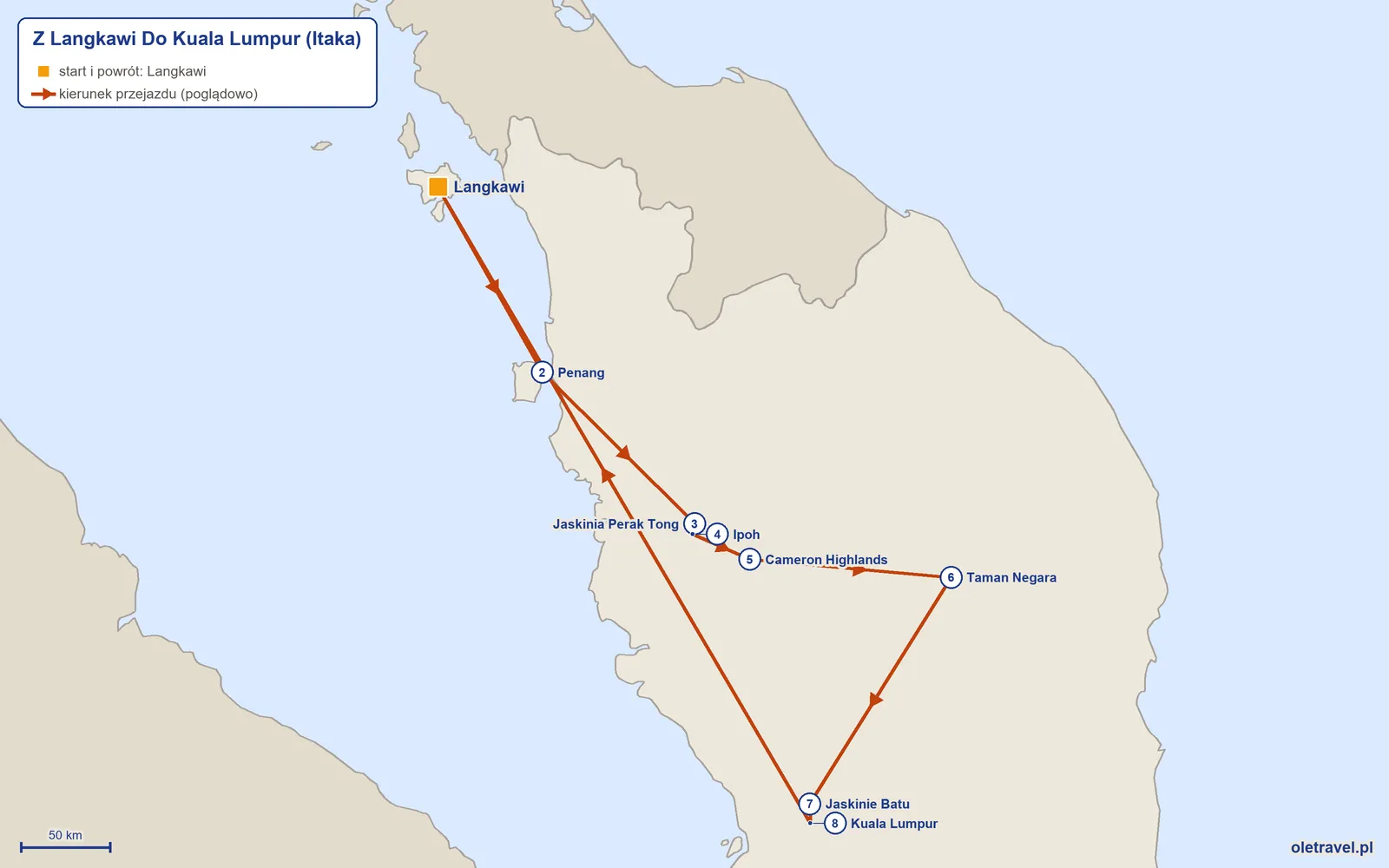 Mapa trasy wycieczki „Z Langkawi Do Kuala Lumpur” z Itaką: Langkawi – Penang – Jaskinia Perak Tong – Ipoh – Cameron Highlands – Taman Negara – Jaskinie Batu – Kuala Lumpur – Langkawi
