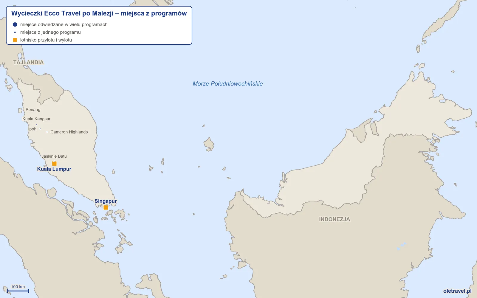 Mapa: Malezja z miejscami z programów wycieczek objazdowych Ecco Travel