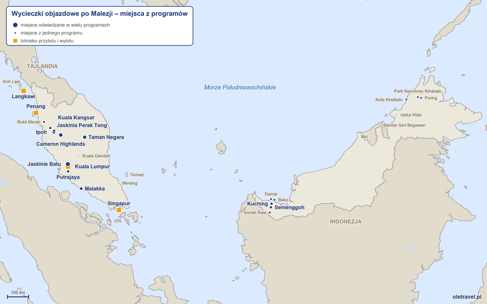 Mapa: Malezja z miejscami odwiedzanymi na wycieczkach objazdowych z naszej oferty