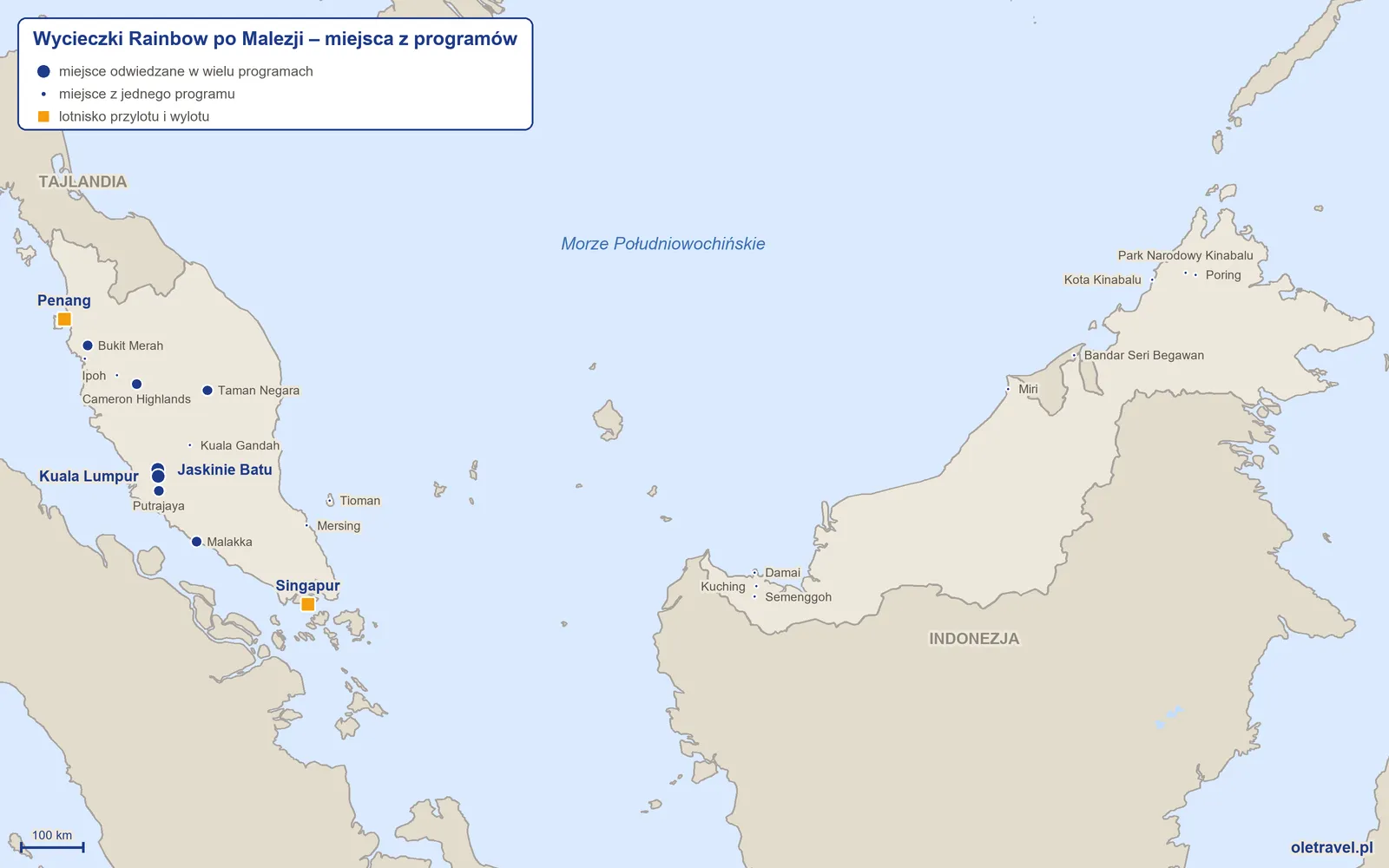 Mapa: Malezja z miejscami z programów wycieczek objazdowych Rainbow