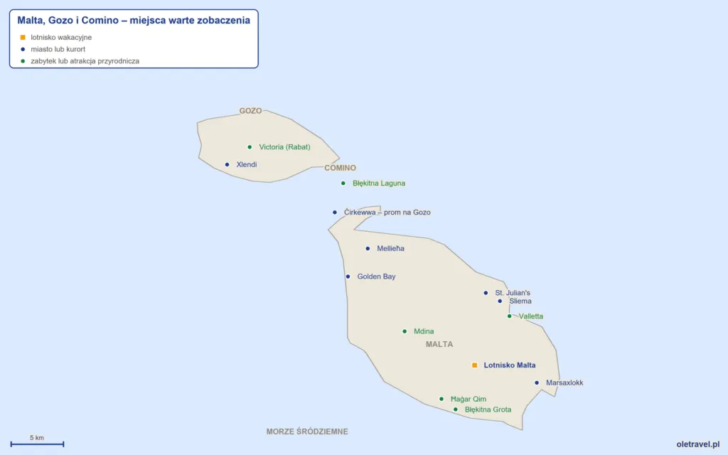 mapa: Wakacje na Malcie – lotniska, kurorty i miejsca warte zobaczenia