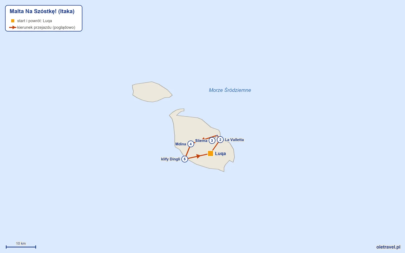 Mapa trasy wycieczki „Malta Na Szóstkę!” z Itaką: Luqa – La Valletta – Sliema – Mdina – klify Dingli – Luqa