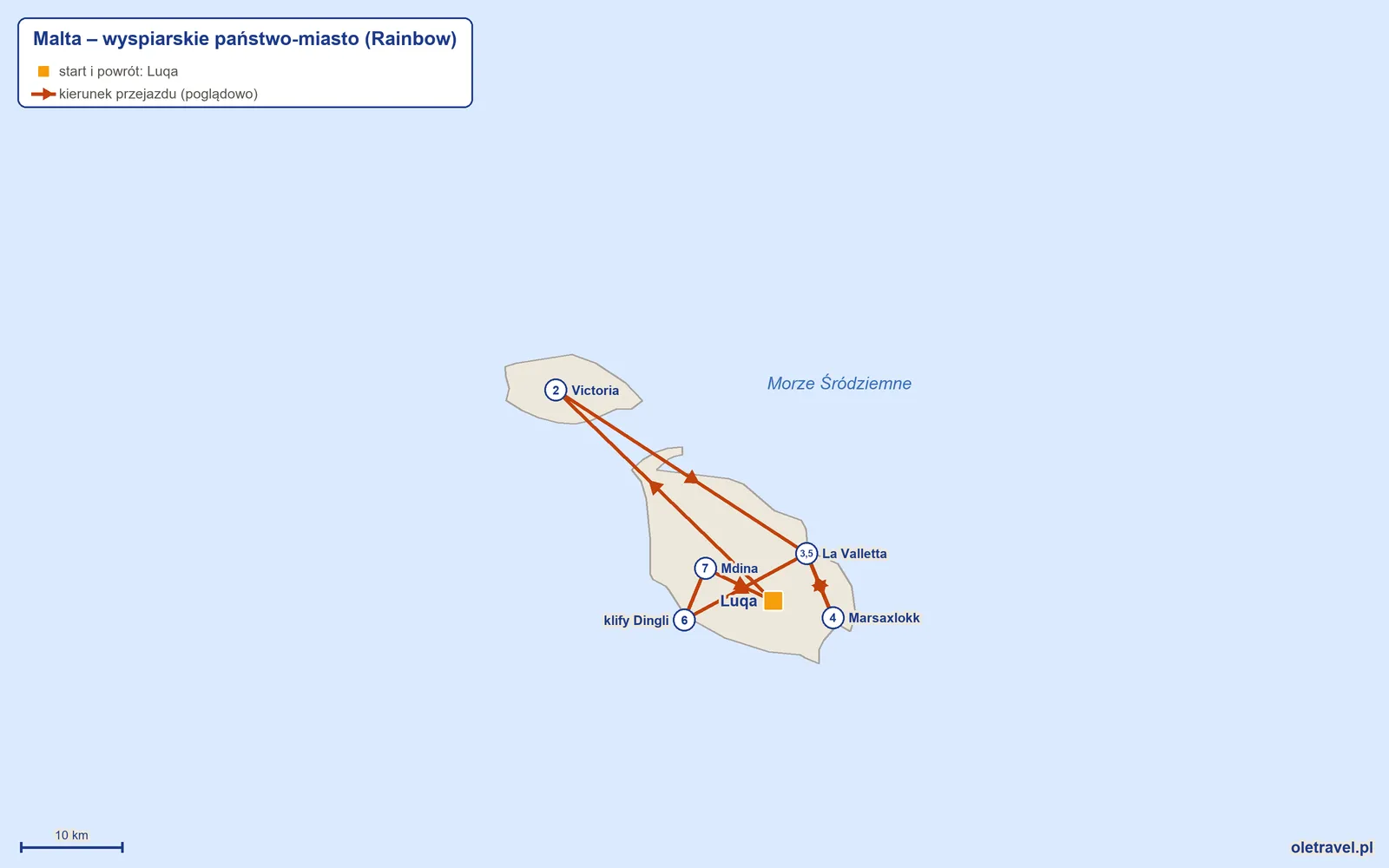 Mapa trasy wycieczki „Malta – wyspiarskie państwo-miasto” z Rainbow: Luqa – Victoria – La Valletta – Marsaxlokk – La Valletta – klify Dingli – Mdina – Luqa