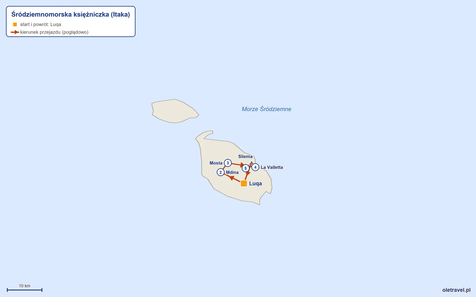 Mapa trasy wycieczki „Śródziemnomorska księżniczka” z Itaką: Luqa – Mdina – Mosta – La Valletta – Sliema – Luqa