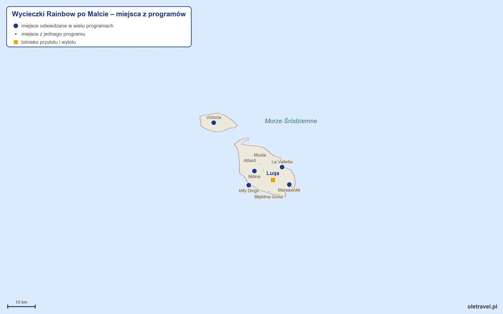 Mapa: Malta z miejscami z programów wycieczek objazdowych Rainbow