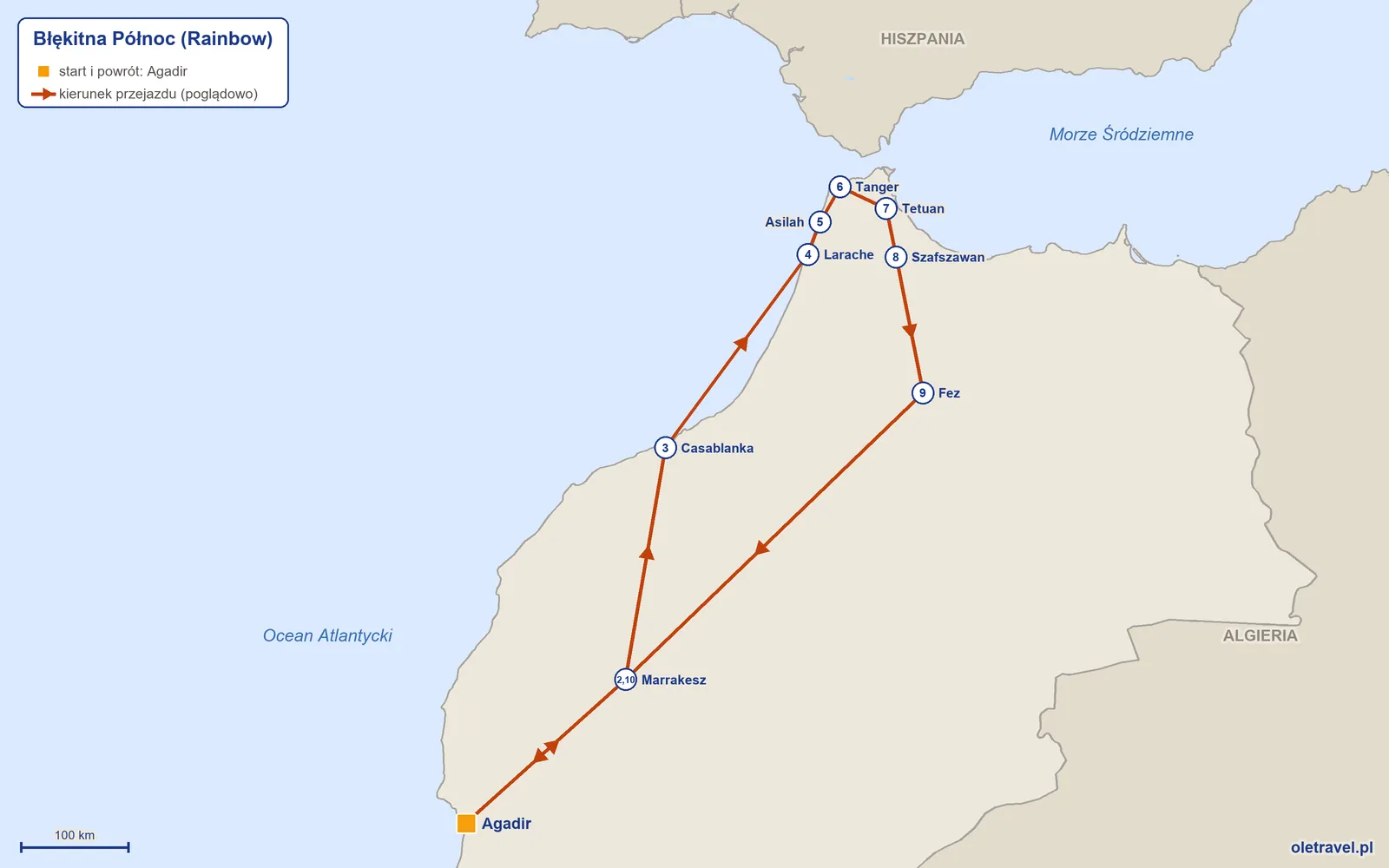 Mapa trasy wycieczki „Błękitna Północ” z Rainbow: Agadir – Marrakesz – Casablanka – Larache – Asilah – Tanger – Tetuan – Szafszawan – Fez – Marrakesz – Agadir