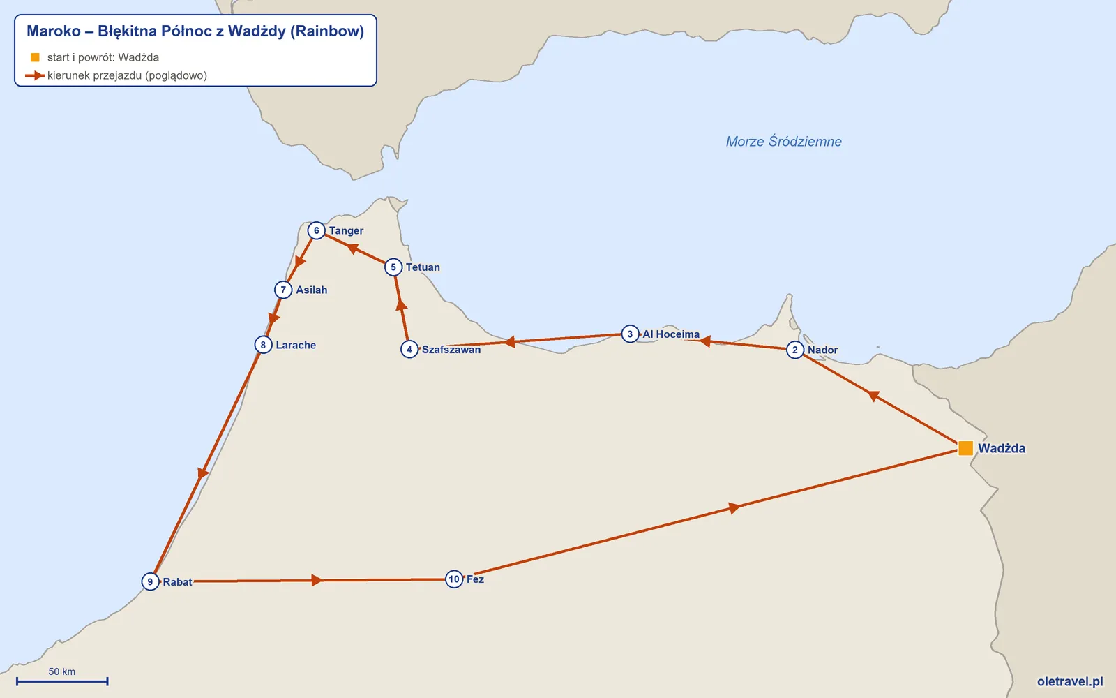 Mapa trasy wycieczki „Maroko – Błękitna Północ z Wadżdy” z Rainbow: Wadżda – Nador – Al Hoceima – Szafszawan – Tetuan – Tanger – Asilah – Larache – Rabat – Fez – Wadżda