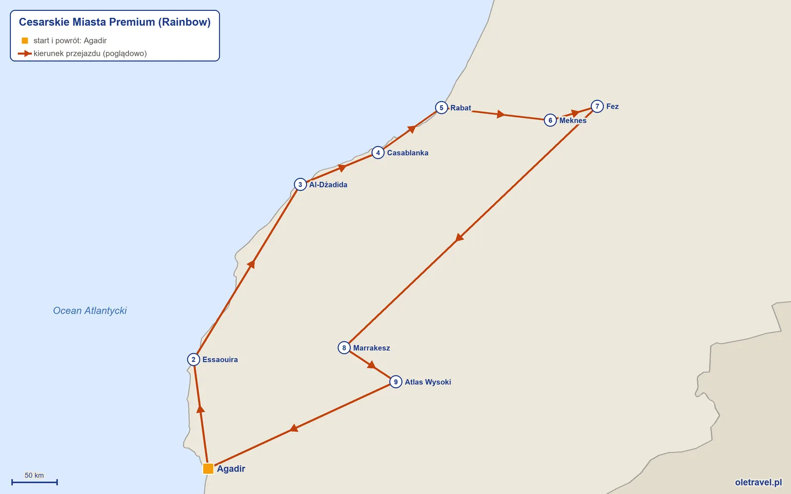 Mapa trasy wycieczki „Cesarskie Miasta Premium” z Rainbow: Agadir – Essaouira – Al-Dżadida – Casablanka – Rabat – Meknes – Fez – Marrakesz – Atlas Wysoki – Agadir