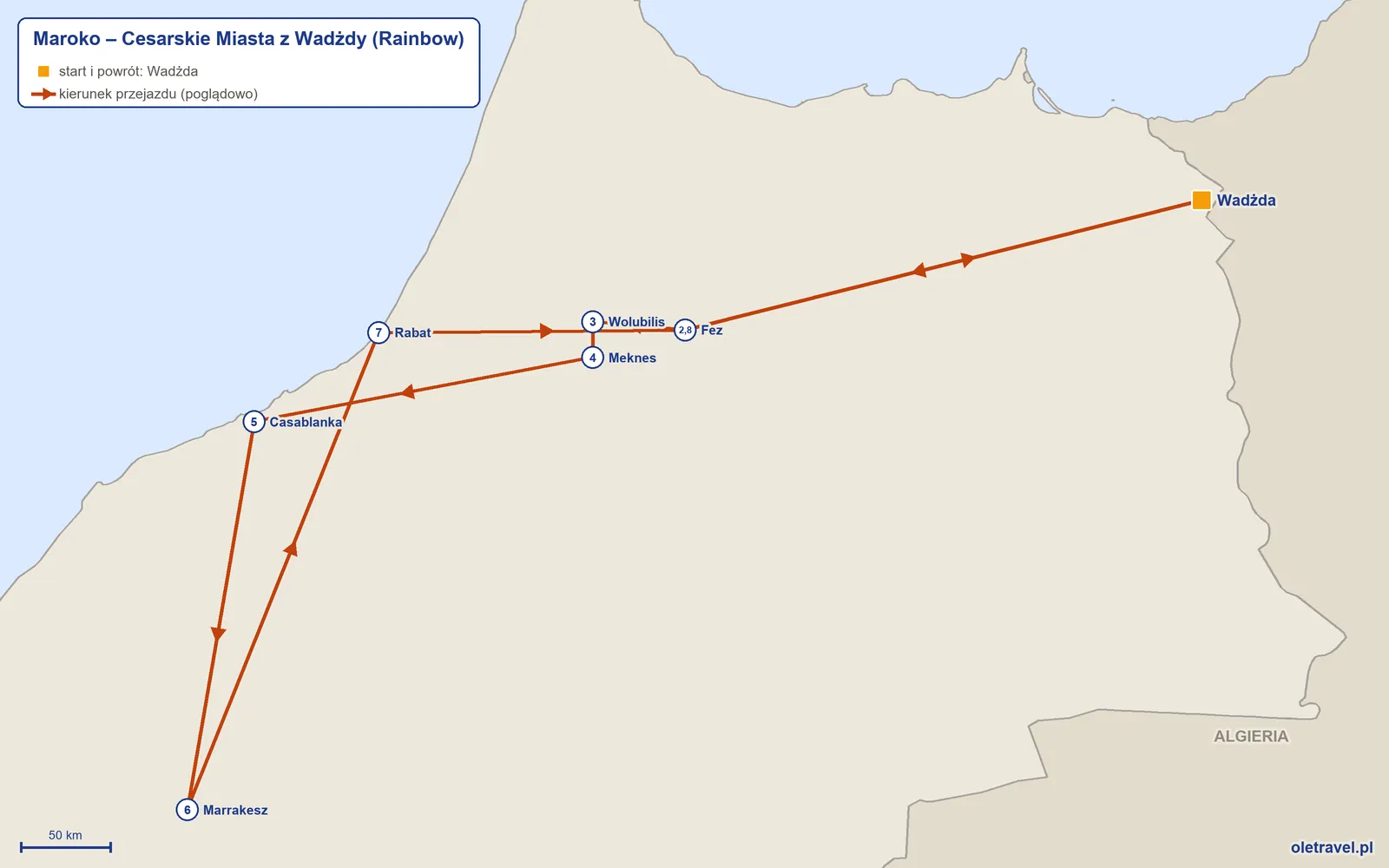 Mapa trasy wycieczki „Maroko – Cesarskie Miasta z Wadżdy” z Rainbow: Wadżda – Fez – Wolubilis – Meknes – Casablanka – Marrakesz – Rabat – Fez – Wadżda