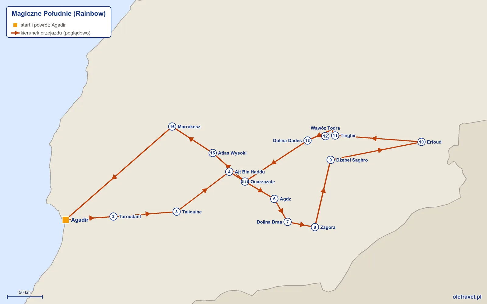Mapa trasy wycieczki „Magiczne Południe” z Rainbow: Agadir – Taroudant – Taliouine – Ajt Bin Haddu – Ouarzazate – Agdz – Dolina Draa – Zagora – Dżebel Saghro – Erfoud – Tinghir – Wąwóz Todra – Dolina Dades – Ouarzazate – Atlas Wysoki – Marrakesz – Agadir
