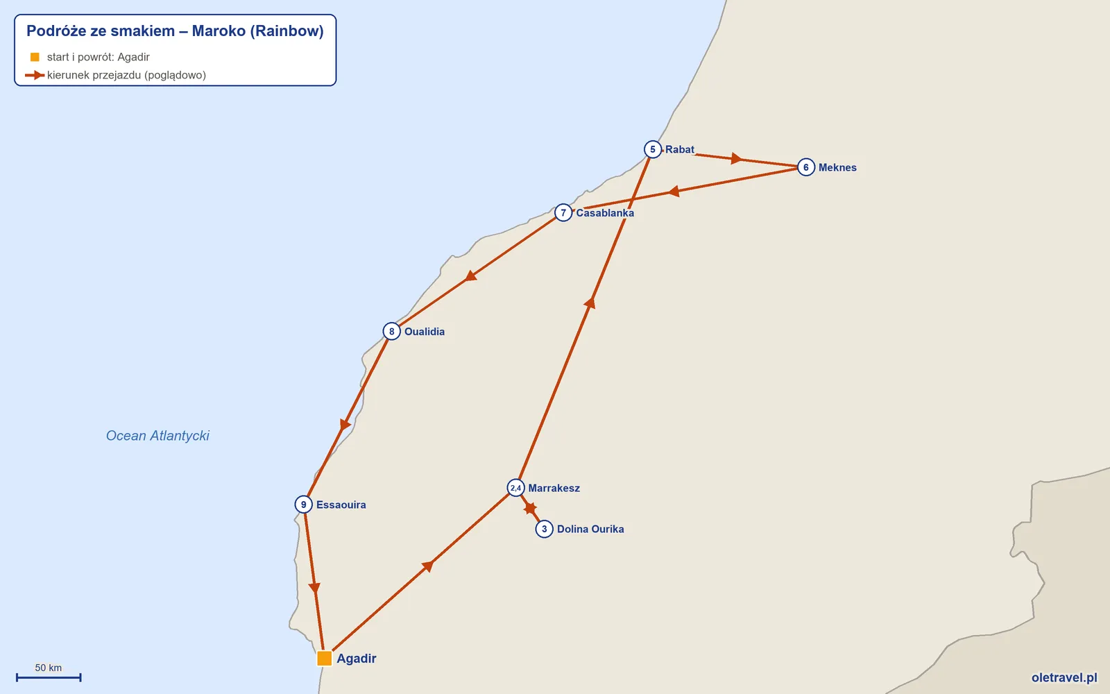 Mapa trasy wycieczki „Podróże ze smakiem – Maroko” z Rainbow: Agadir – Marrakesz – Dolina Ourika – Marrakesz – Rabat – Meknes – Casablanka – Oualidia – Essaouira – Agadir