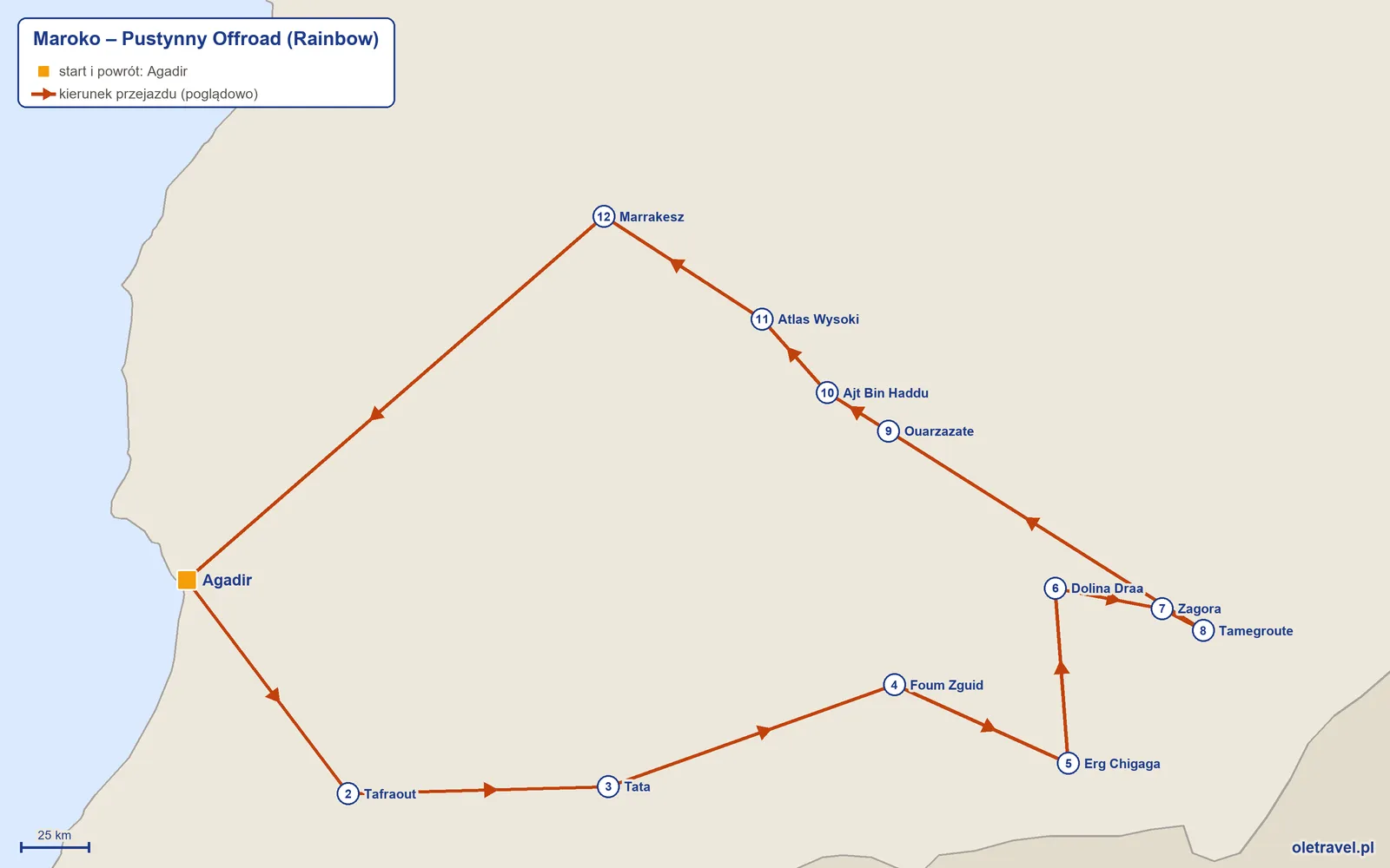 Mapa trasy wycieczki „Maroko – Pustynny Offroad” z Rainbow: Agadir – Tafraout – Tata – Foum Zguid – Erg Chigaga – Dolina Draa – Zagora – Tamegroute – Ouarzazate – Ajt Bin Haddu – Atlas Wysoki – Marrakesz – Agadir