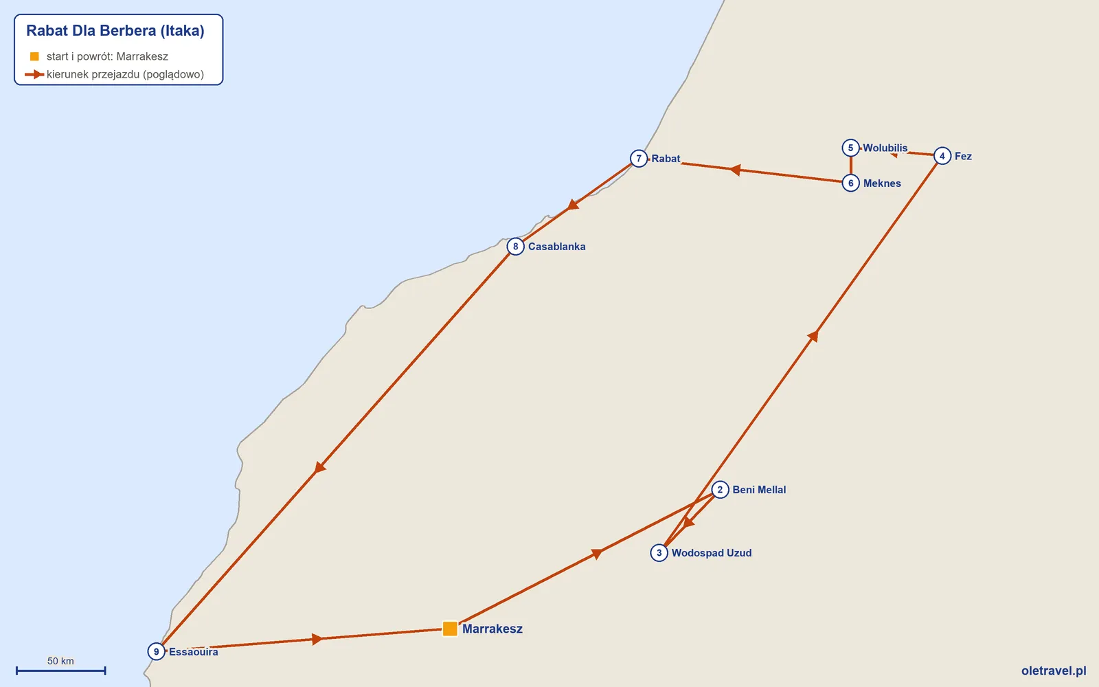 Mapa trasy wycieczki „Rabat Dla Berbera” z Itaką: Marrakesz – Beni Mellal – Wodospad Uzud – Fez – Wolubilis – Meknes – Rabat – Casablanka – Essaouira – Marrakesz