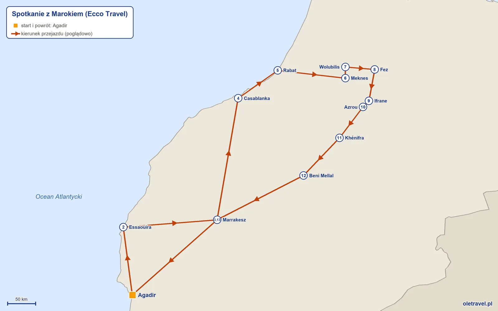 Mapa trasy wycieczki „Spotkanie z Marokiem” z Ecco Travel: Agadir – Essaouira – Marrakesz – Casablanka – Rabat – Meknes – Wolubilis – Fez – Ifrane – Azrou – Khénifra – Beni Mellal – Marrakesz – Agadir