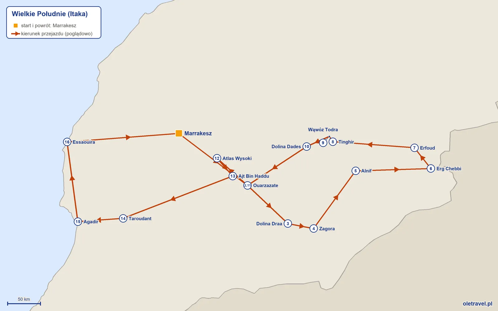 Mapa trasy wycieczki „Wielkie Południe” z Itaką: Marrakesz – Ouarzazate – Dolina Draa – Zagora – Alnif – Erg Chebbi – Erfoud – Tinghir – Wąwóz Todra – Dolina Dades – Ouarzazate – Atlas Wysoki – Ajt Bin Haddu – Taroudant – Agadir – Essaouira – Marrakesz