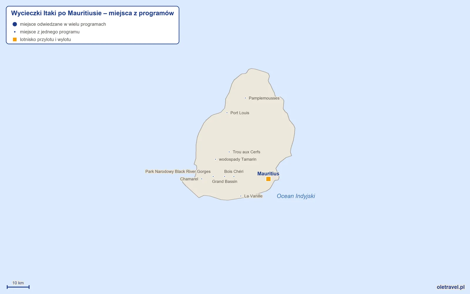 Mapa: Mauritius z miejscami z programów wycieczek objazdowych Itaki