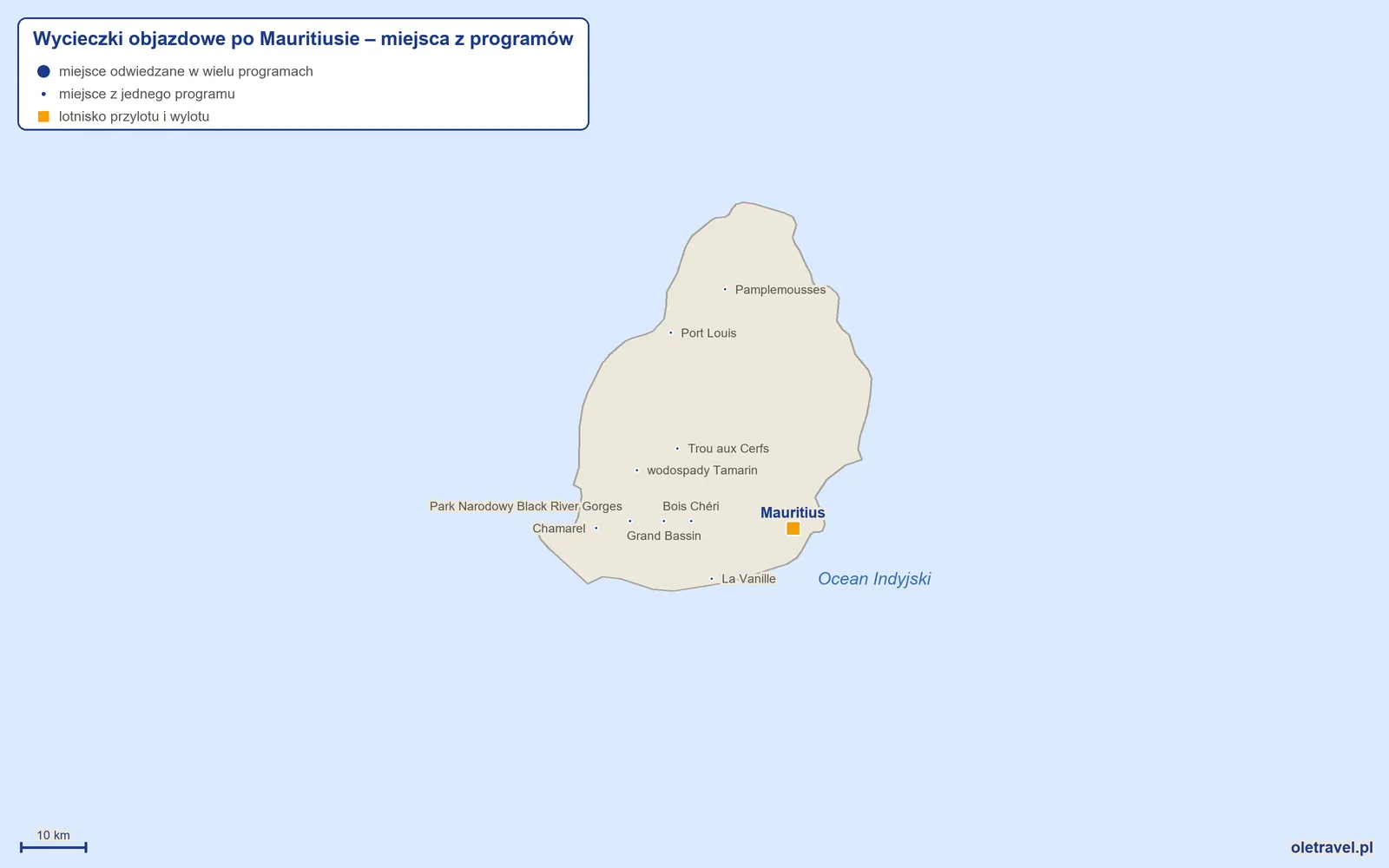 Mapa: Mauritius z miejscami odwiedzanymi na wycieczkach objazdowych z naszej oferty