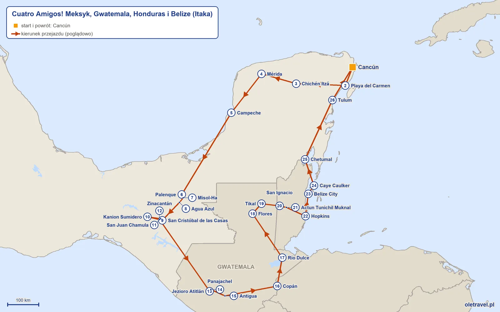 Mapa trasy wycieczki „Cuatro Amigos! Meksyk, Gwatemala, Honduras i Belize” z Itaką: Cancún – Playa del Carmen – Chichén Itzá – Mérida – Campeche – Palenque – Misol-Ha – Agua Azul – San Cristóbal de las Casas – Kanion Sumidero – San Juan Chamula – Zinacantán – Jezioro Atitlán – Panajachel – Antigua – Copán – Río Dulce – Flores – Tikal – San Ignacio – Actun Tunichil Muknal – Hopkins – Belize City – Caye Caulker – Chetumal – Tulum – Cancún
