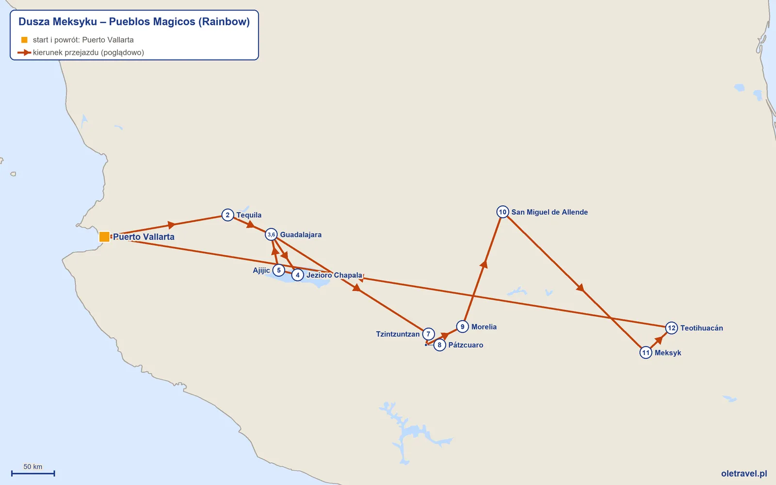 Mapa trasy wycieczki „Dusza Meksyku – Pueblos Magicos” z Rainbow: Puerto Vallarta – Tequila – Guadalajara – Jezioro Chapala – Ajijic – Guadalajara – Tzintzuntzan – Pátzcuaro – Morelia – San Miguel de Allende – Meksyk – Teotihuacán – Puerto Vallarta