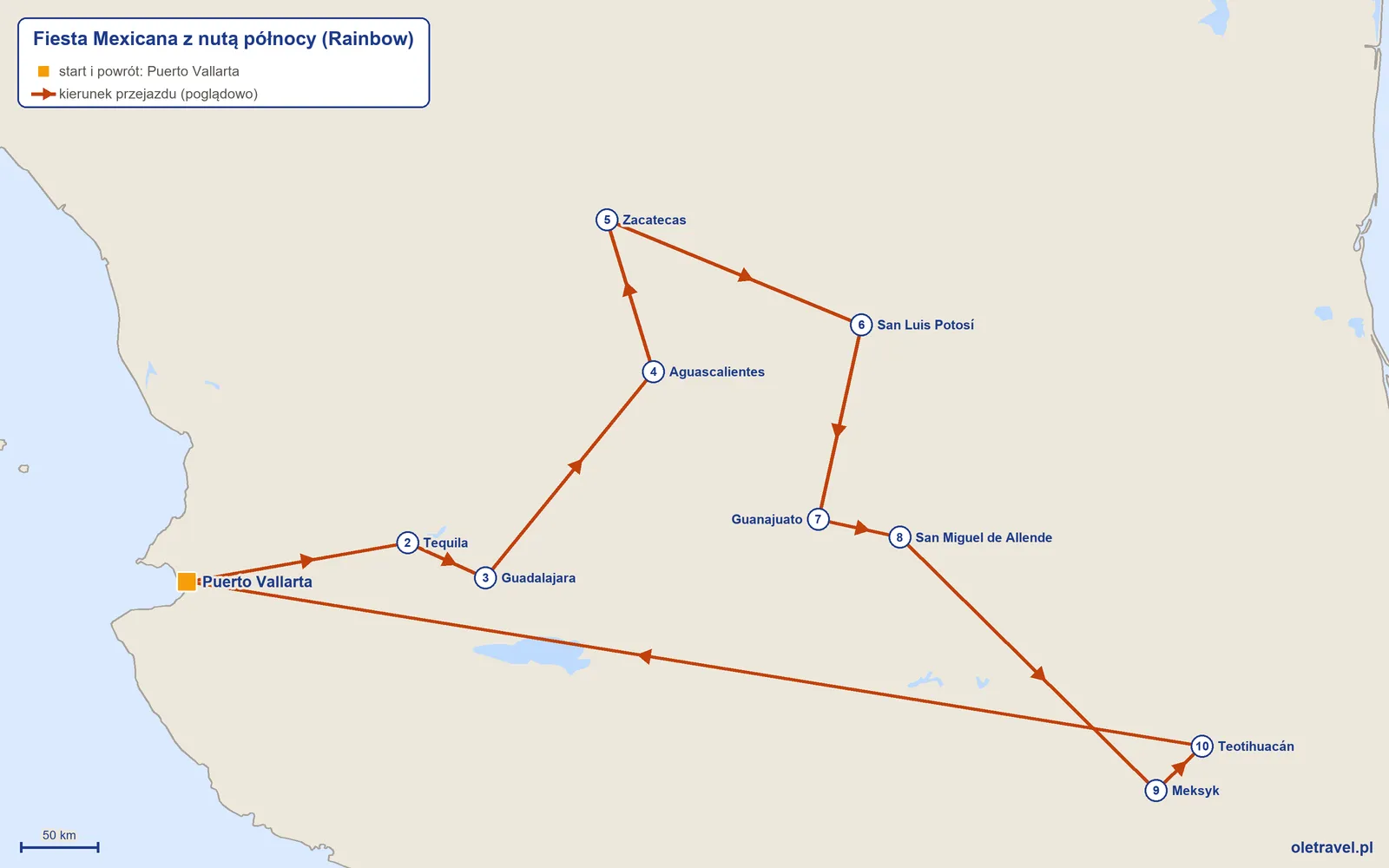Mapa trasy wycieczki „Fiesta Mexicana z nutą północy” z Rainbow: Puerto Vallarta – Tequila – Guadalajara – Aguascalientes – Zacatecas – San Luis Potosí – Guanajuato – San Miguel de Allende – Meksyk – Teotihuacán – Puerto Vallarta