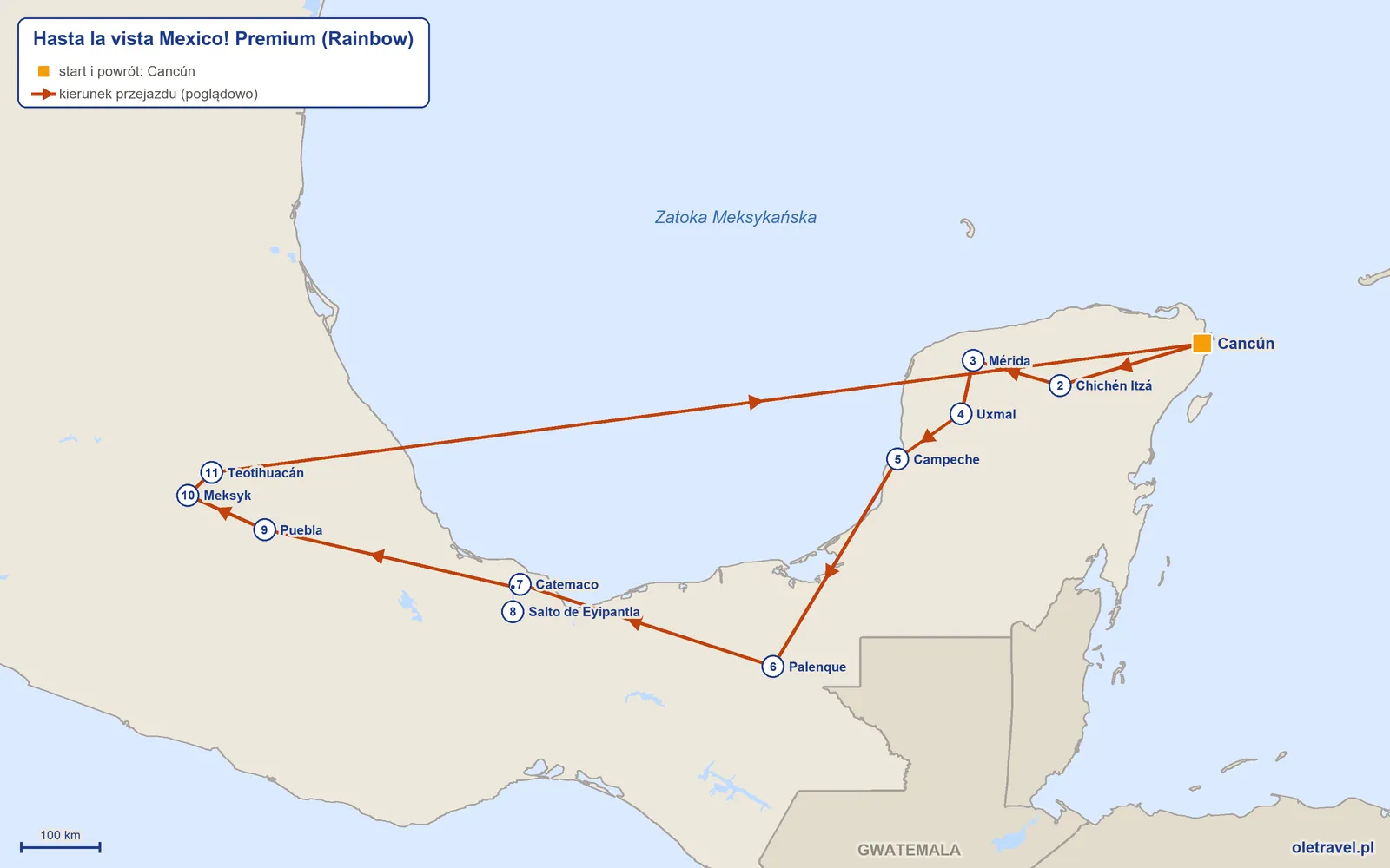 Mapa trasy wycieczki „Hasta la vista Mexico! Premium” z Rainbow: Cancún – Chichén Itzá – Mérida – Uxmal – Campeche – Palenque – Catemaco – Salto de Eyipantla – Puebla – Meksyk – Teotihuacán – Cancún