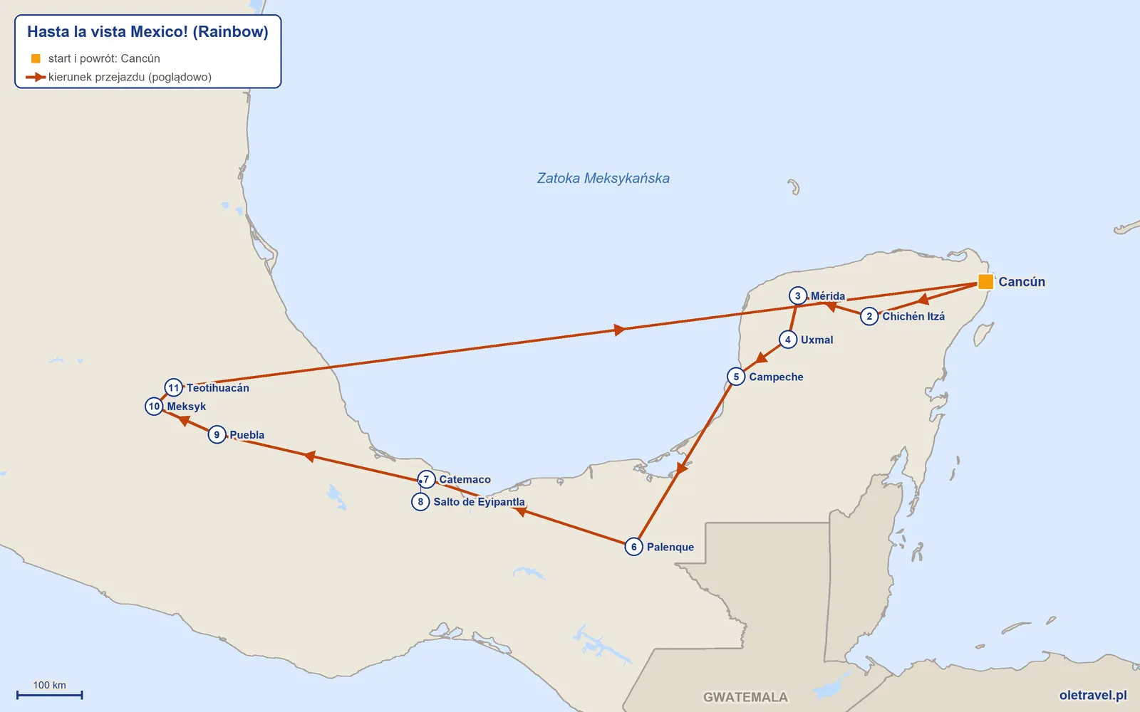 Mapa trasy wycieczki „Hasta la vista Mexico!” z Rainbow: Cancún – Chichén Itzá – Mérida – Uxmal – Campeche – Palenque – Catemaco – Salto de Eyipantla – Puebla – Meksyk – Teotihuacán – Cancún