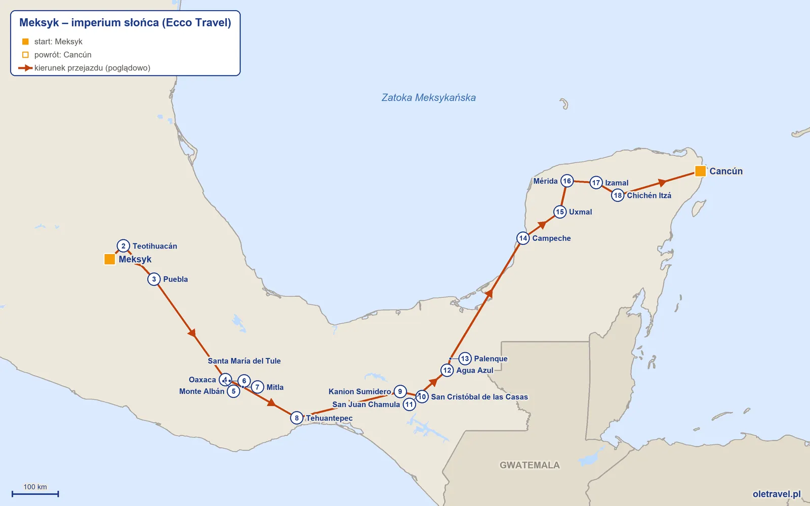 Mapa trasy wycieczki „Meksyk – imperium słońca” z Ecco Travel: Meksyk – Teotihuacán – Puebla – Oaxaca – Monte Albán – Santa María del Tule – Mitla – Tehuantepec – Kanion Sumidero – San Cristóbal de las Casas – San Juan Chamula – Agua Azul – Palenque – Campeche – Uxmal – Mérida – Izamal – Chichén Itzá – Cancún