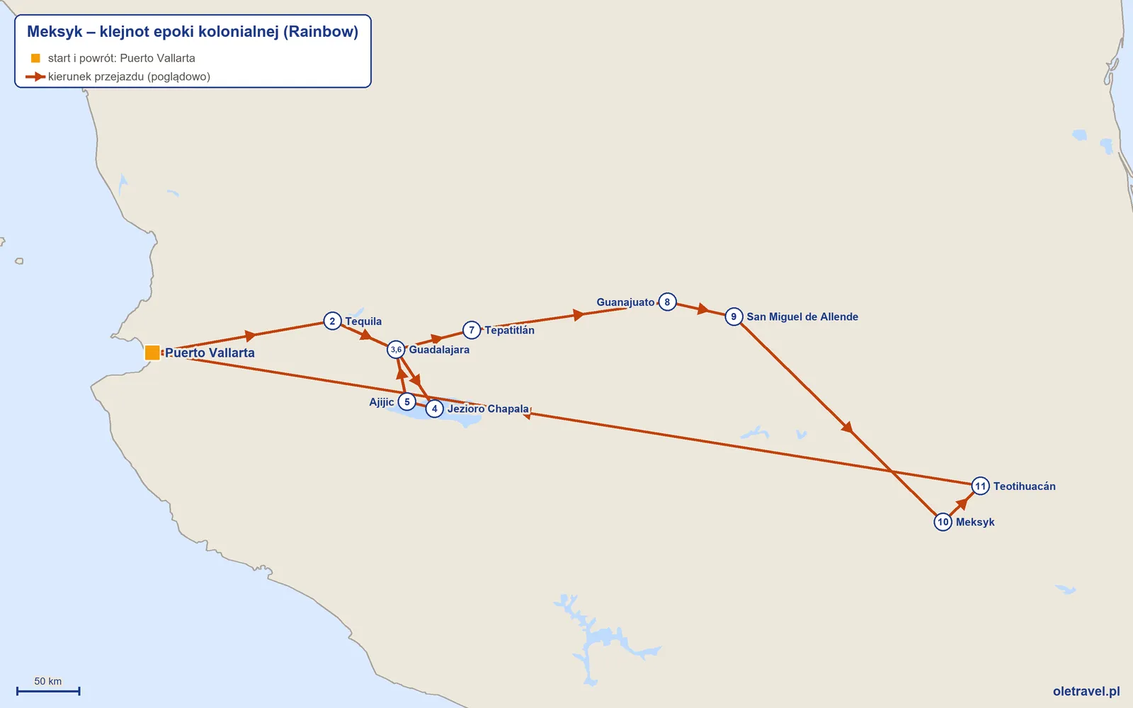 Mapa trasy wycieczki „Meksyk – klejnot epoki kolonialnej” z Rainbow: Puerto Vallarta – Tequila – Guadalajara – Jezioro Chapala – Ajijic – Guadalajara – Tepatitlán – Guanajuato – San Miguel de Allende – Meksyk – Teotihuacán – Puerto Vallarta