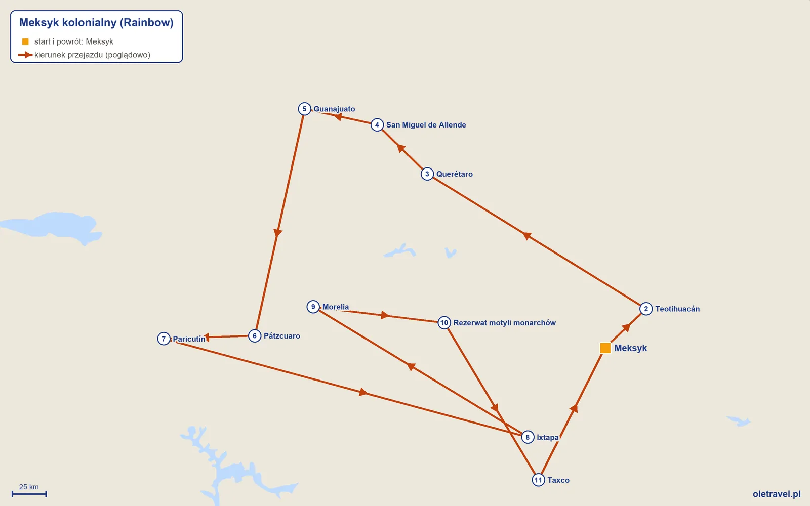 Mapa trasy wycieczki „Meksyk kolonialny” z Rainbow: Meksyk – Teotihuacán – Querétaro – San Miguel de Allende – Guanajuato – Pátzcuaro – Paricutín – Ixtapa – Morelia – Rezerwat motyli monarchów – Taxco – Meksyk