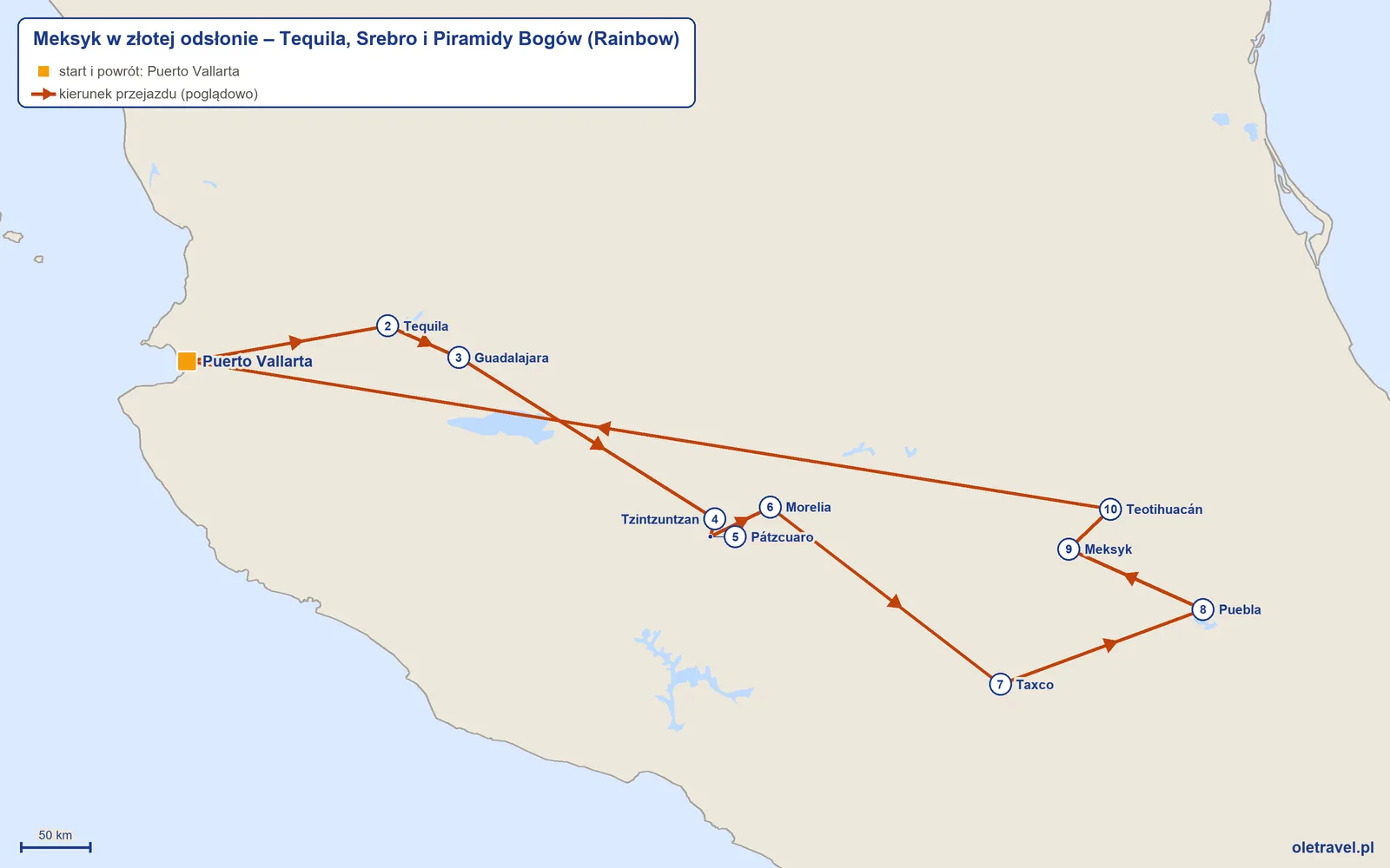 Mapa trasy wycieczki „Meksyk w złotej odsłonie – Tequila, Srebro i Piramidy Bogów” z Rainbow: Puerto Vallarta – Tequila – Guadalajara – Tzintzuntzan – Pátzcuaro – Morelia – Taxco – Puebla – Meksyk – Teotihuacán – Puerto Vallarta