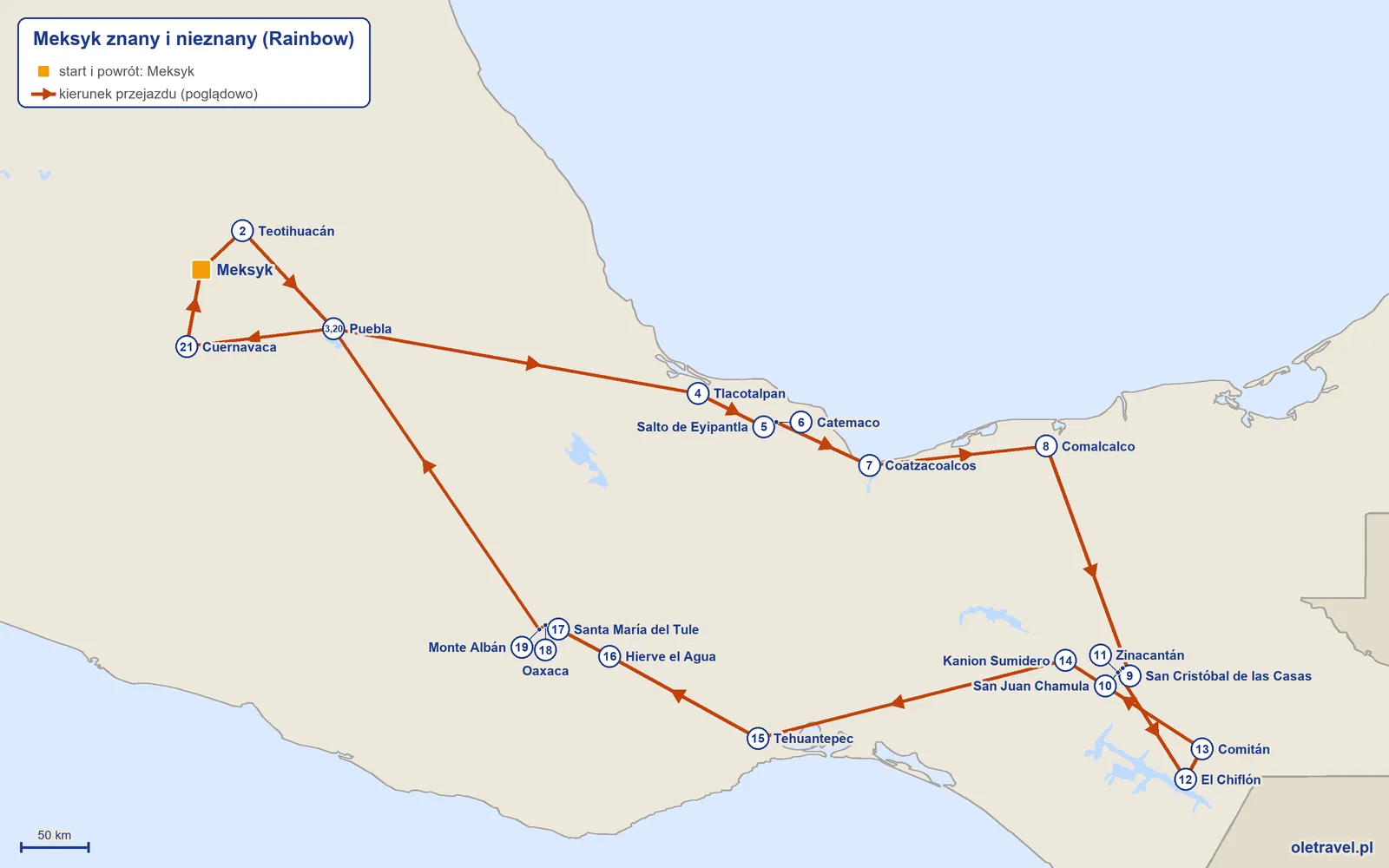 Mapa trasy wycieczki „Meksyk znany i nieznany” z Rainbow: Meksyk – Teotihuacán – Puebla – Tlacotalpan – Salto de Eyipantla – Catemaco – Coatzacoalcos – Comalcalco – San Cristóbal de las Casas – San Juan Chamula – Zinacantán – El Chiflón – Comitán – Kanion Sumidero – Tehuantepec – Hierve el Agua – Santa María del Tule – Oaxaca – Monte Albán – Puebla – Cuernavaca – Meksyk