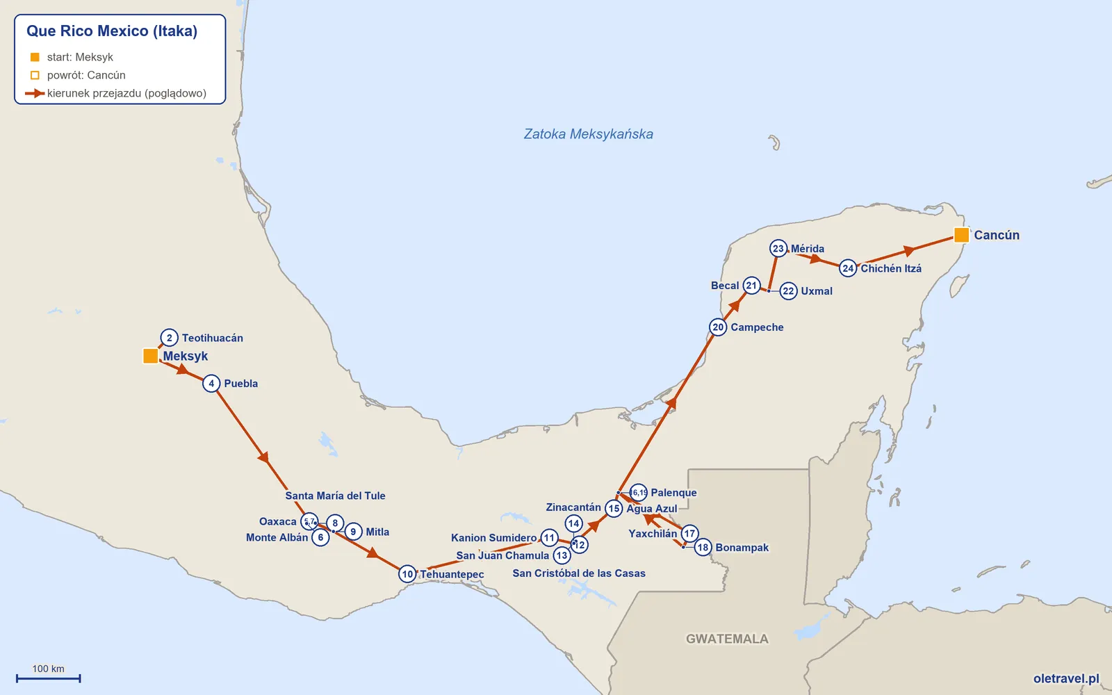 Mapa trasy wycieczki „Que Rico Mexico” z Itaką: Meksyk – Teotihuacán – Meksyk – Puebla – Oaxaca – Monte Albán – Oaxaca – Santa María del Tule – Mitla – Tehuantepec – Kanion Sumidero – San Cristóbal de las Casas – San Juan Chamula – Zinacantán – Agua Azul – Palenque – Yaxchilán – Bonampak – Palenque – Campeche – Becal – Uxmal – Mérida – Chichén Itzá – Cancún