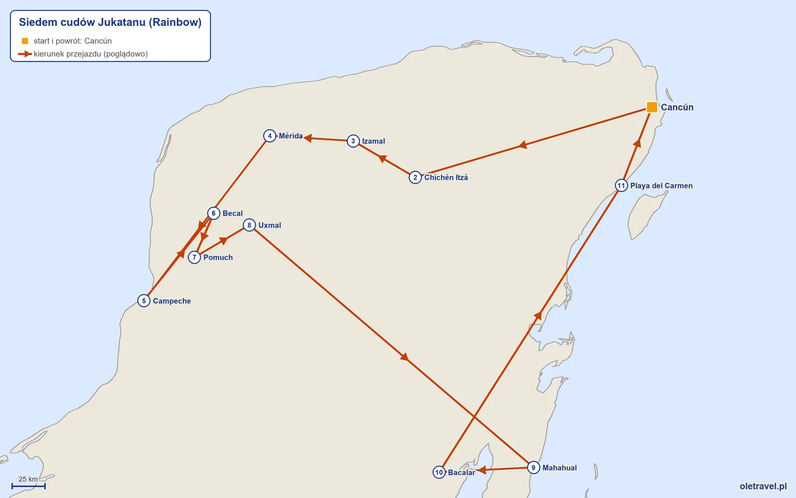 Mapa trasy wycieczki „Siedem cudów Jukatanu” z Rainbow: Cancún – Chichén Itzá – Izamal – Mérida – Campeche – Becal – Pomuch – Uxmal – Mahahual – Bacalar – Playa del Carmen – Cancún