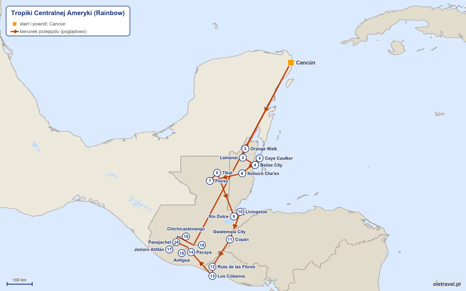 Mapa trasy wycieczki „Tropiki Centralnej Ameryki” z Rainbow: Cancún – Orange Walk – Lamanai – Belize City – Caye Caulker – Nohoch Che'en – Flores – Tikal – Río Dulce – Livingston – Copán – Ruta de las Flores – Los Cóbanos – Pacaya – Antigua – Panajachel – Jezioro Atitlán – Chichicastenango – Gwatemala City – Cancún