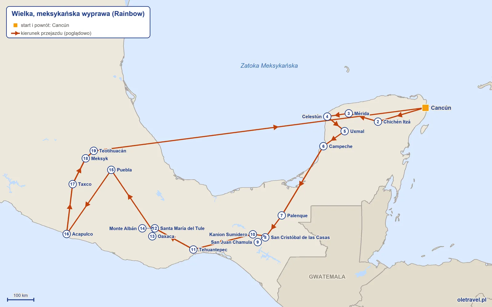 Mapa trasy wycieczki „Wielka, meksykańska wyprawa” z Rainbow: Cancún – Chichén Itzá – Mérida – Celestún – Uxmal – Campeche – Palenque – San Cristóbal de las Casas – San Juan Chamula – Kanion Sumidero – Tehuantepec – Santa María del Tule – Oaxaca – Monte Albán – Puebla – Acapulco – Taxco – Meksyk – Teotihuacán – Cancún