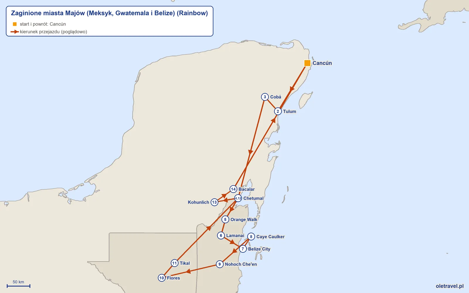 Mapa trasy wycieczki „Zaginione miasta Majów (Meksyk, Gwatemala i Belize)” z Rainbow: Cancún – Tulum – Cobá – Chetumal – Orange Walk – Lamanai – Belize City – Caye Caulker – Nohoch Che'en – Flores – Tikal – Chetumal – Kohunlich – Bacalar – Cancún