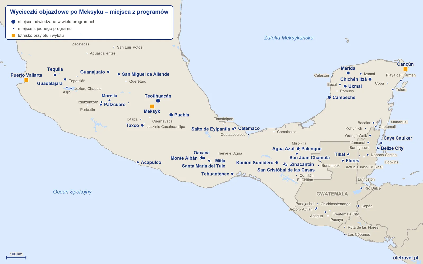 Mapa: Meksyk z miejscami odwiedzanymi na wycieczkach objazdowych z naszej oferty