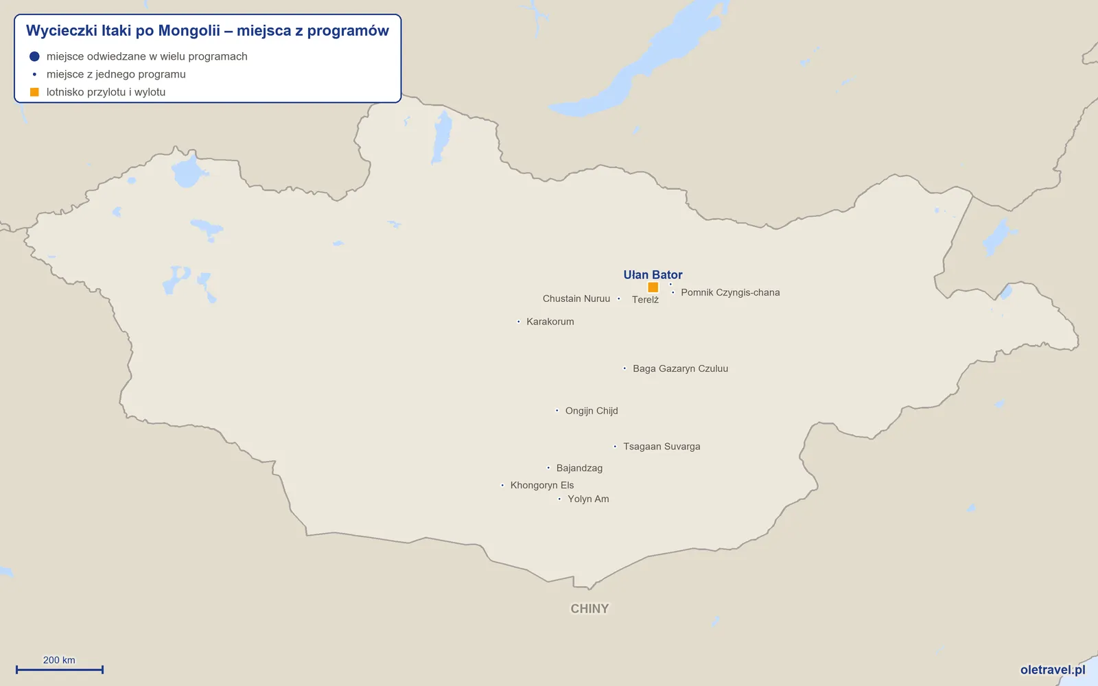 Mapa: Mongolia z miejscami z programów wycieczek objazdowych Itaki