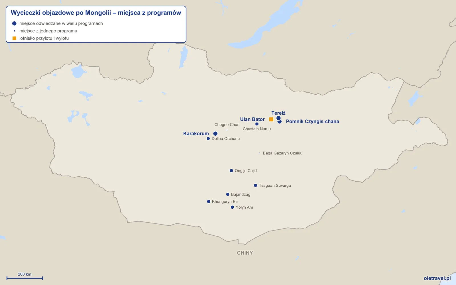 Mapa: Mongolia z miejscami odwiedzanymi na wycieczkach objazdowych z naszej oferty