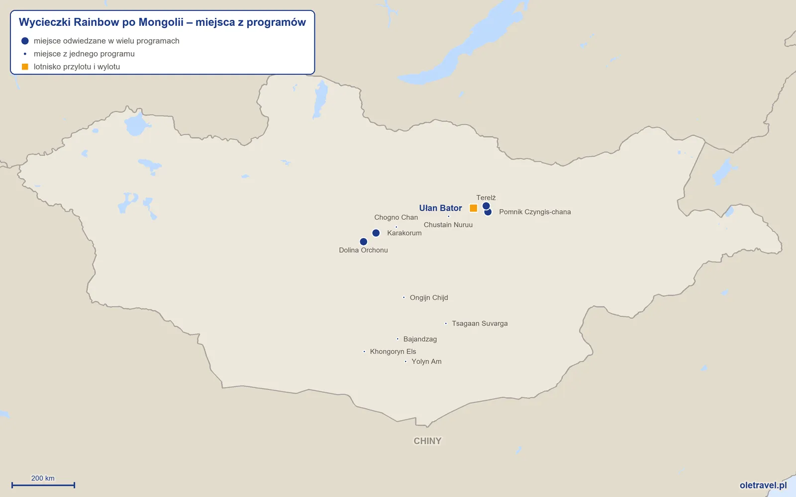 Mapa: Mongolia z miejscami z programów wycieczek objazdowych Rainbow