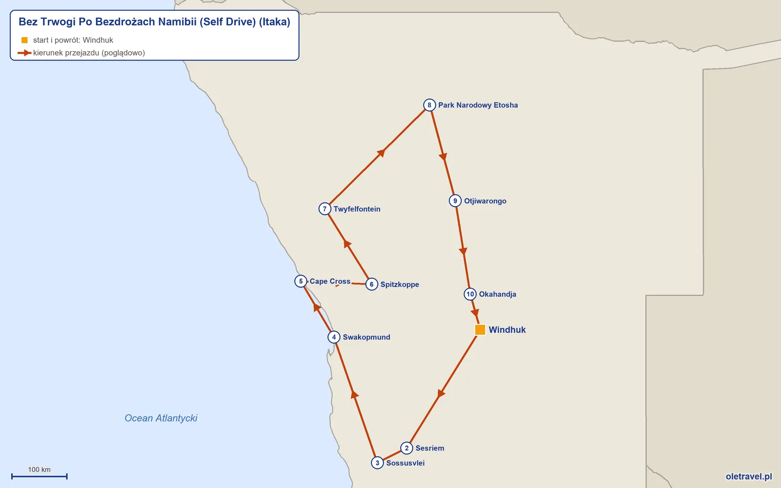 Mapa trasy wycieczki „Bez Trwogi Po Bezdrożach Namibii (Self Drive)” z Itaką: Windhuk – Sesriem – Sossusvlei – Swakopmund – Cape Cross – Spitzkoppe – Twyfelfontein – Park Narodowy Etosha – Otjiwarongo – Okahandja – Windhuk