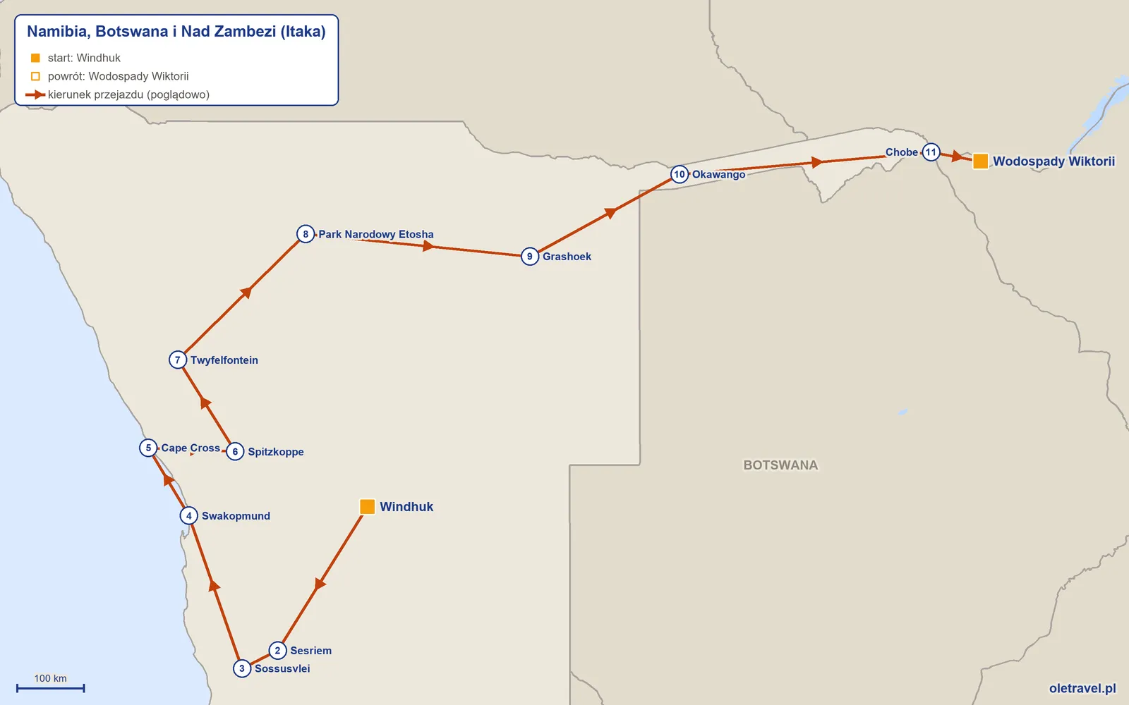 Mapa trasy wycieczki „Namibia, Botswana i Nad Zambezi” z Itaką: Windhuk – Sesriem – Sossusvlei – Swakopmund – Cape Cross – Spitzkoppe – Twyfelfontein – Park Narodowy Etosha – Grashoek – Okawango – Chobe – Wodospady Wiktorii