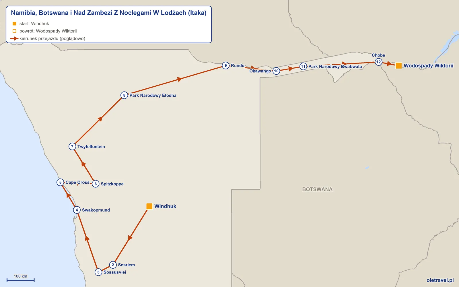Mapa trasy wycieczki „Namibia, Botswana i Nad Zambezi Z Noclegami W Lodżach” z Itaką: Windhuk – Sesriem – Sossusvlei – Swakopmund – Cape Cross – Spitzkoppe – Twyfelfontein – Park Narodowy Etosha – Rundu – Okawango – Park Narodowy Bwabwata – Chobe – Wodospady Wiktorii