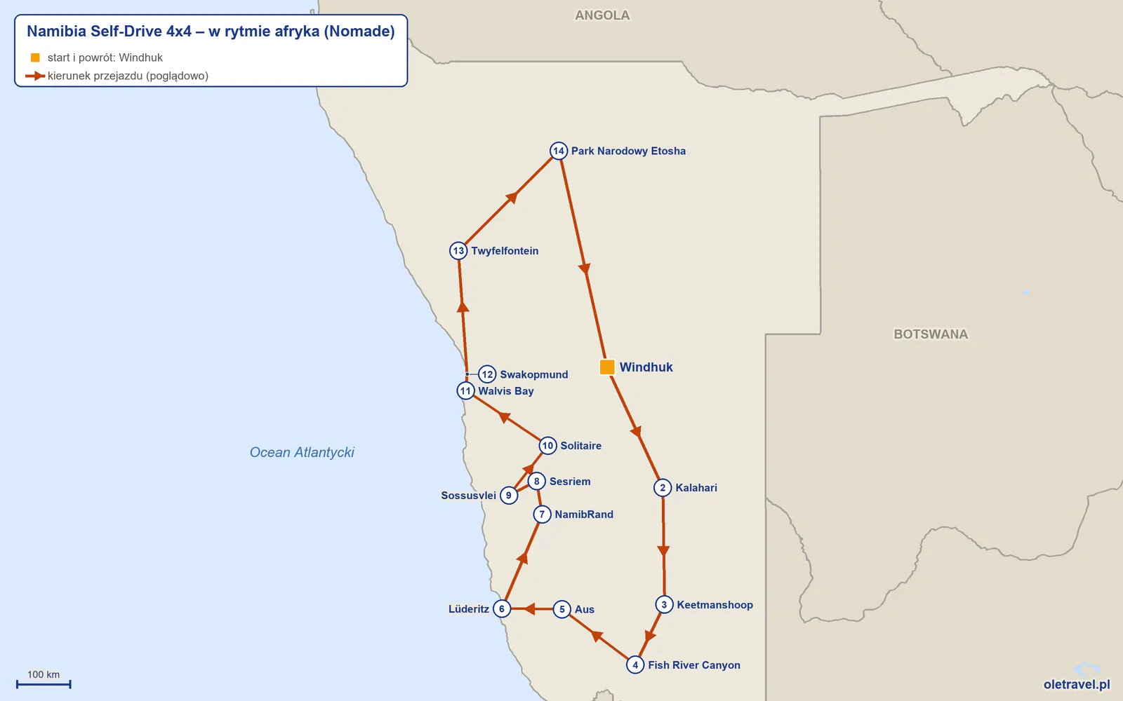 Mapa trasy wycieczki „Namibia Self-Drive 4x4 – w rytmie afryka” z Nomade: Windhuk – Kalahari – Keetmanshoop – Fish River Canyon – Aus – Lüderitz – NamibRand – Sesriem – Sossusvlei – Solitaire – Walvis Bay – Swakopmund – Twyfelfontein – Park Narodowy Etosha – Windhuk