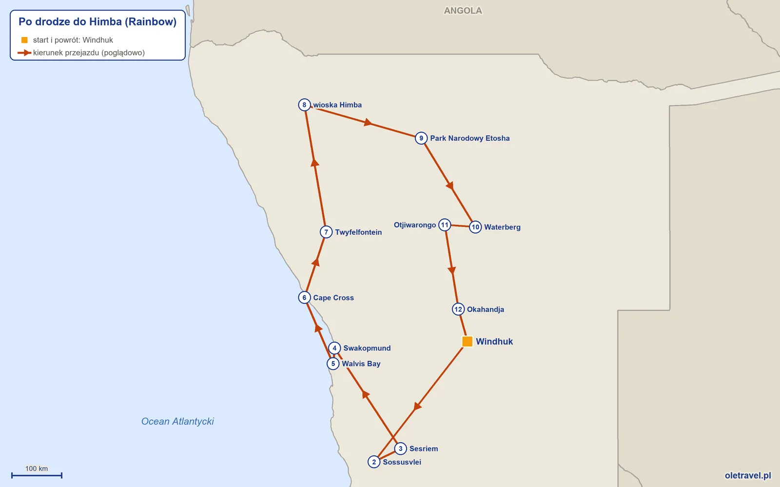 Mapa trasy wycieczki „Po drodze do Himba” z Rainbow: Windhuk – Sossusvlei – Sesriem – Swakopmund – Walvis Bay – Cape Cross – Twyfelfontein – wioska Himba – Park Narodowy Etosha – Waterberg – Otjiwarongo – Okahandja – Windhuk