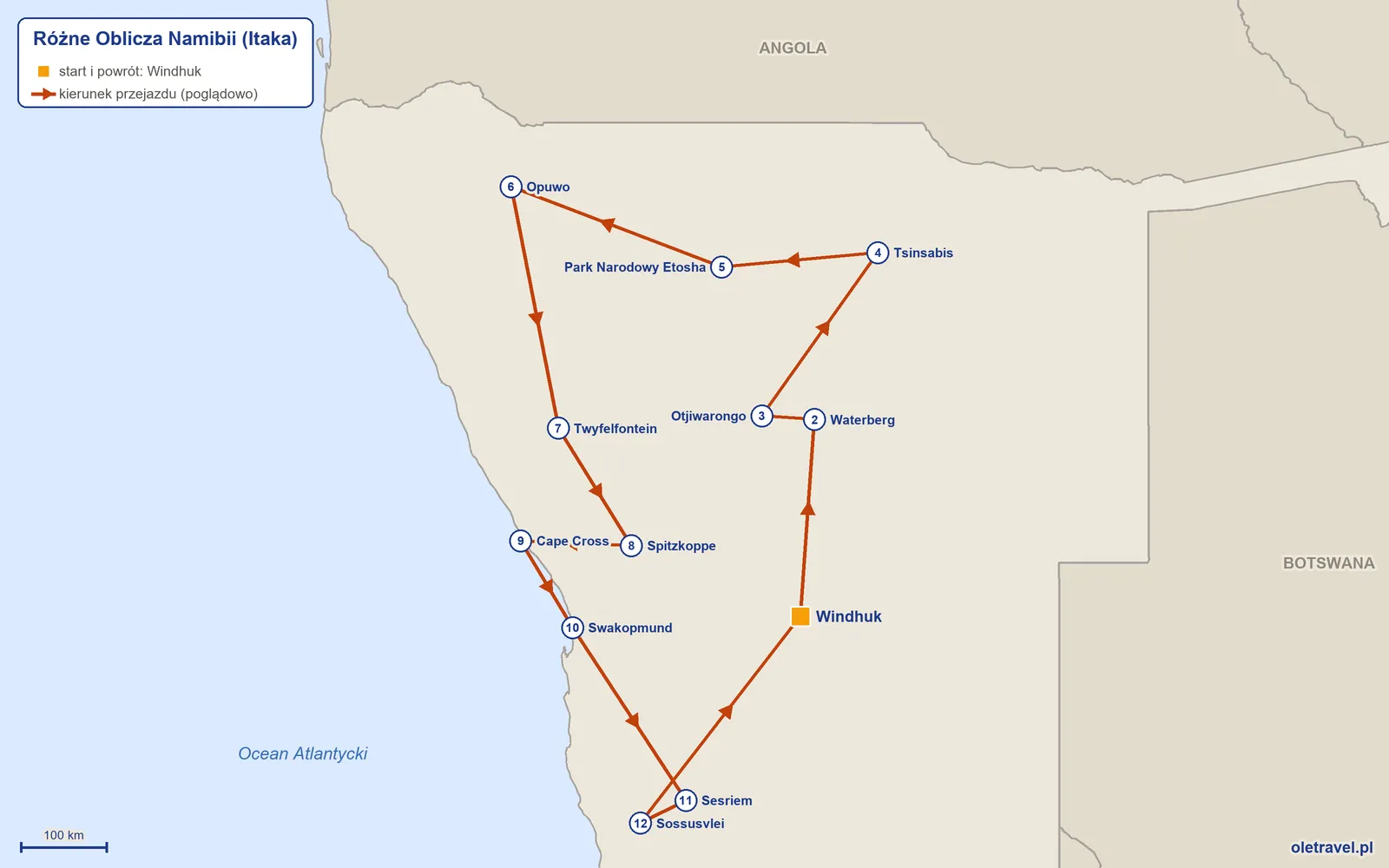 Mapa trasy wycieczki „Różne Oblicza Namibii” z Itaką: Windhuk – Waterberg – Otjiwarongo – Tsinsabis – Park Narodowy Etosha – Opuwo – Twyfelfontein – Spitzkoppe – Cape Cross – Swakopmund – Sesriem – Sossusvlei – Windhuk