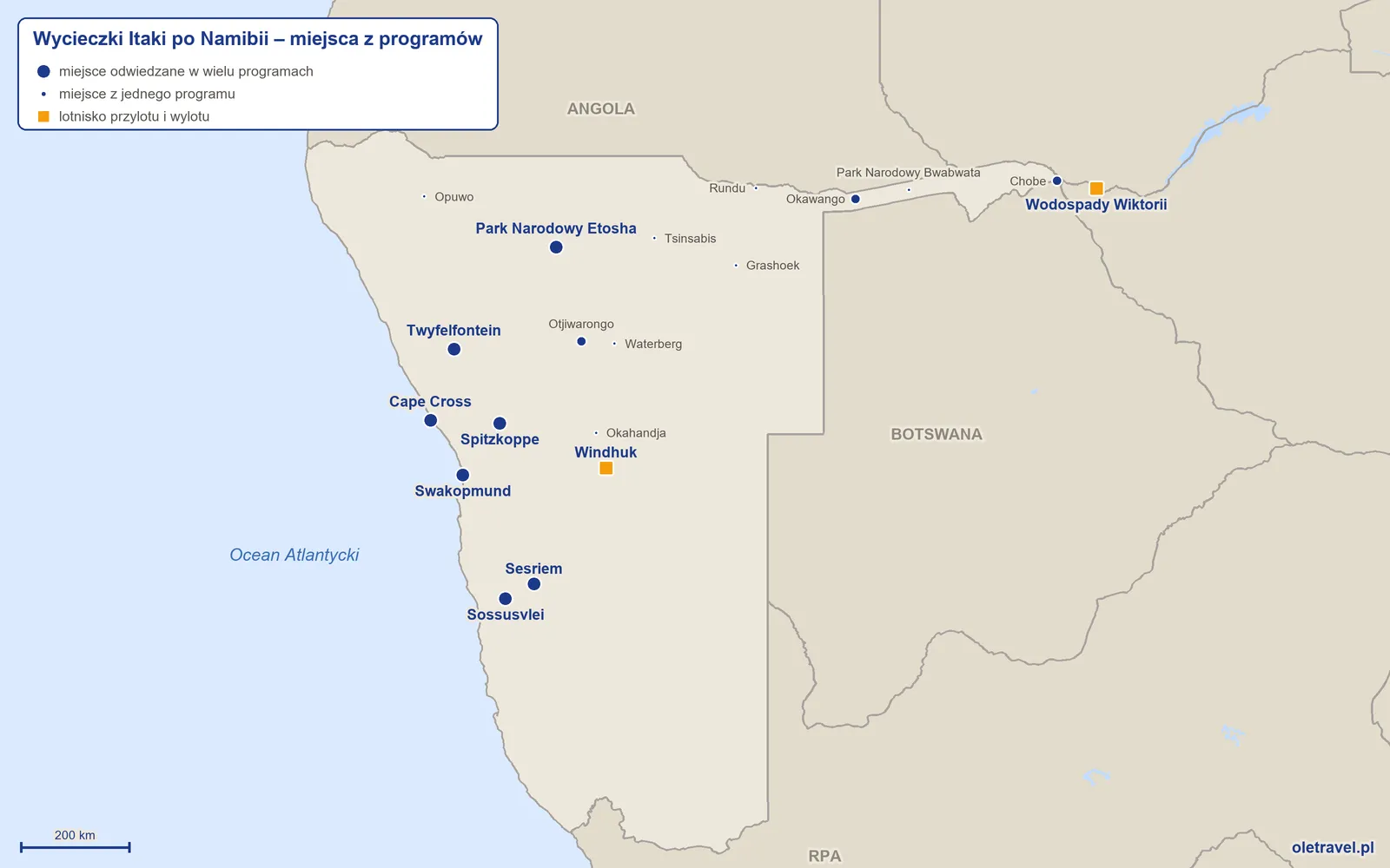 Mapa: Namibia z miejscami z programów wycieczek objazdowych Itaki
