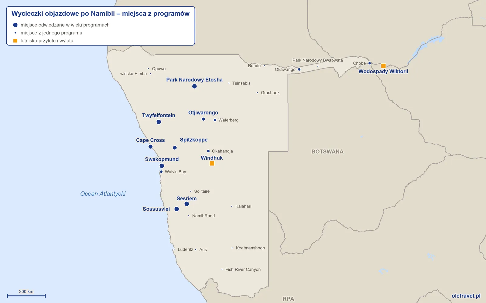 Mapa: Namibia z miejscami odwiedzanymi na wycieczkach objazdowych z naszej oferty